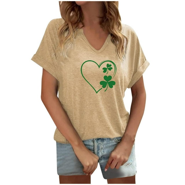 KIHOUT Nouveau T-Shirt Graphique pour Femmes, Col en V Imprimé Vert, Manches Courtes, Mode Chanceuse, Taille P-2TG