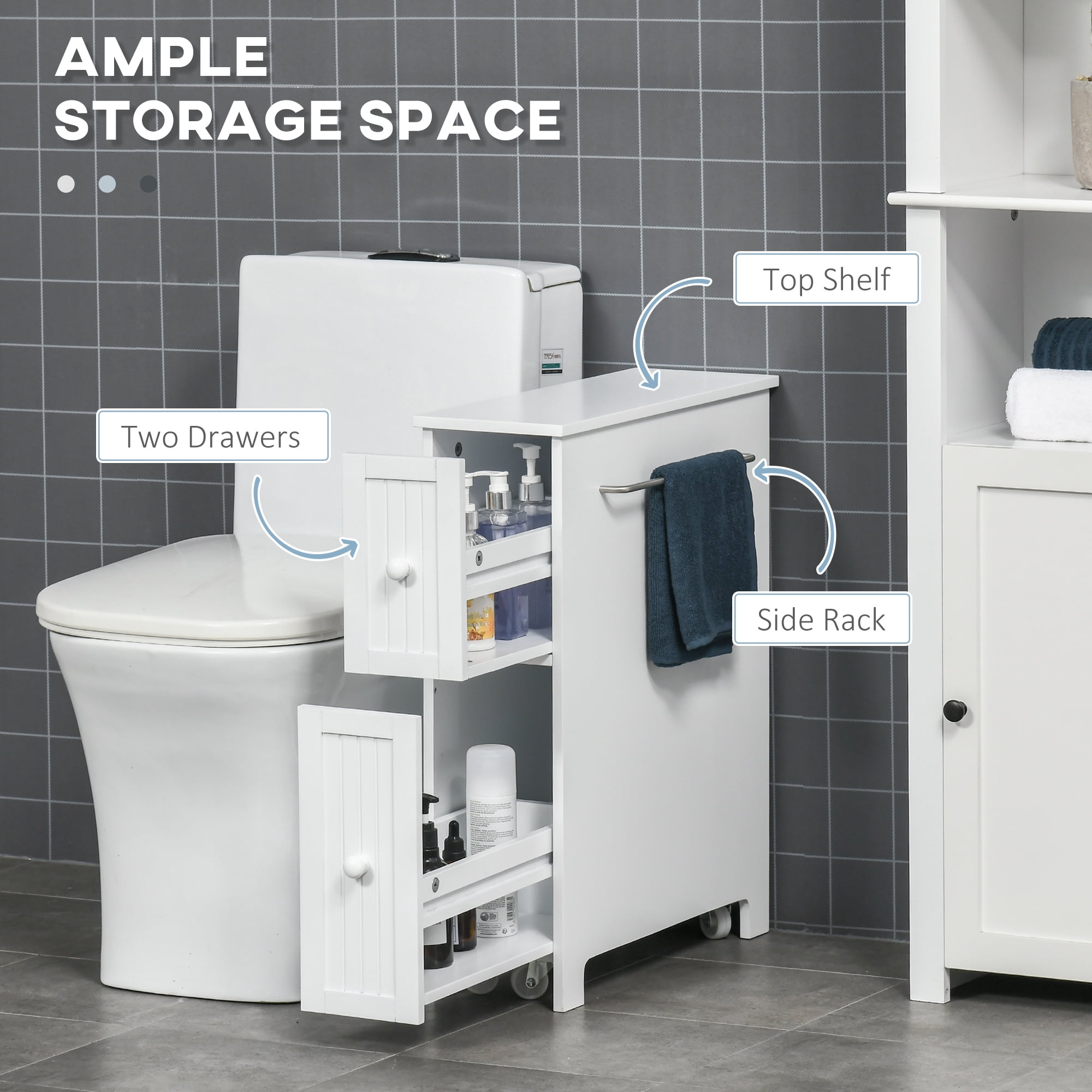 HOQBN Slim Bathroom Cabinet, Freestanding Storage Cabinet, Toilet Paper Holder with 2 Drawers, Side Towel Rack and Wheels, White