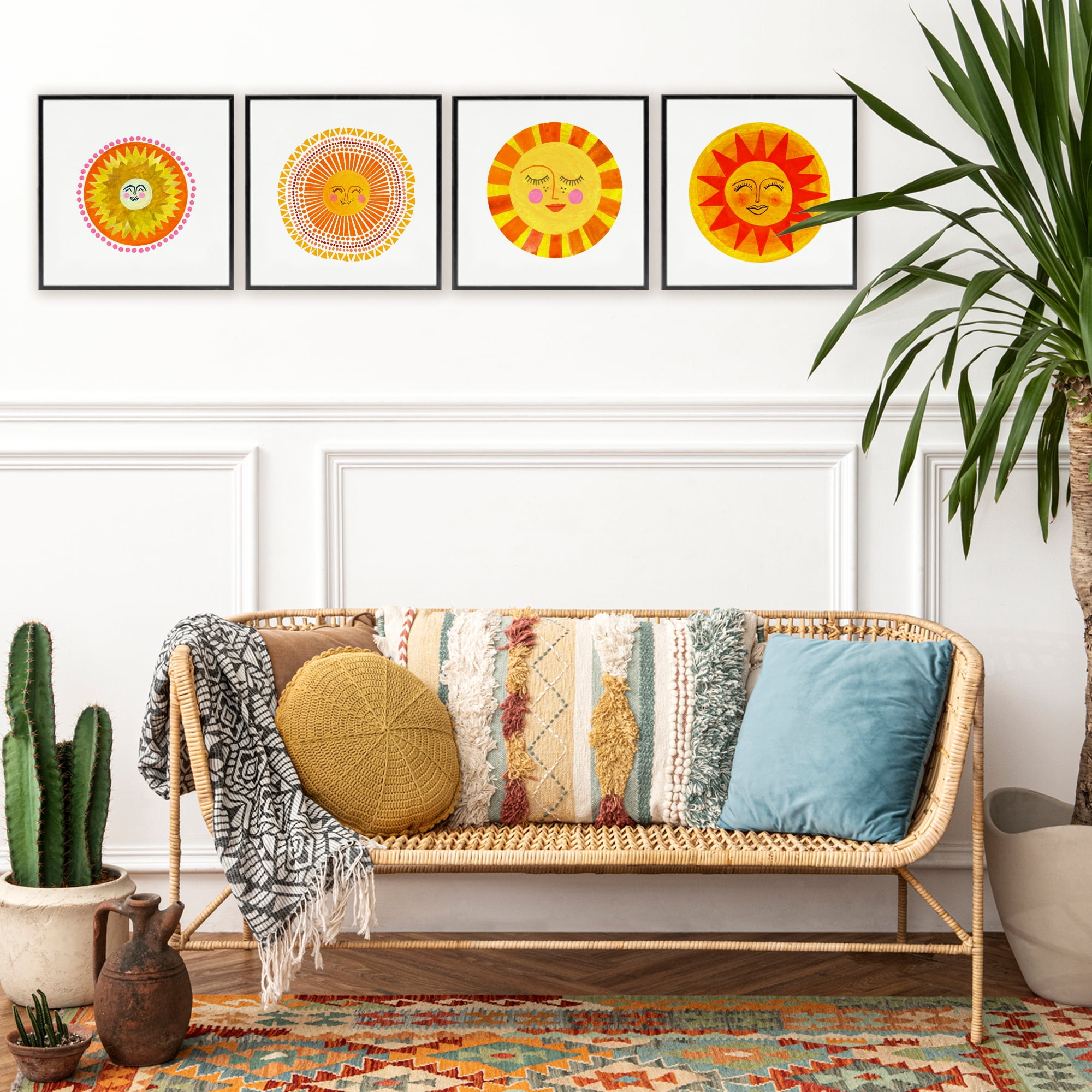 Stupell Industries Whimsical Smiling Suns 4 Piece Black Framed Giclee Art Set, design by Katherine Herrell Studio