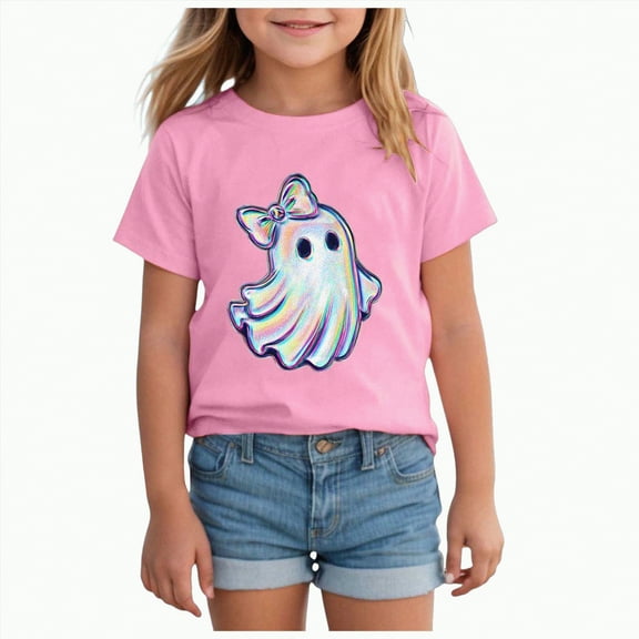 CAUYDY Kids Halloween Shirt Boys Girls Pumpkin Graphic T Shirt Spooky Season T-Shirt Halloween Ghost Short Sleeve Tops(Pink,1-2 Y)