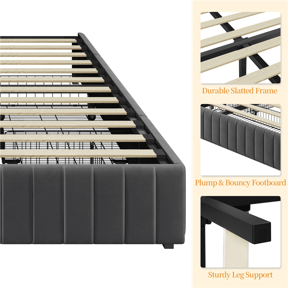 Fullfurnique Upholstered Platform Bed Frame with Three Storage Drawers, Full, Dark Gray