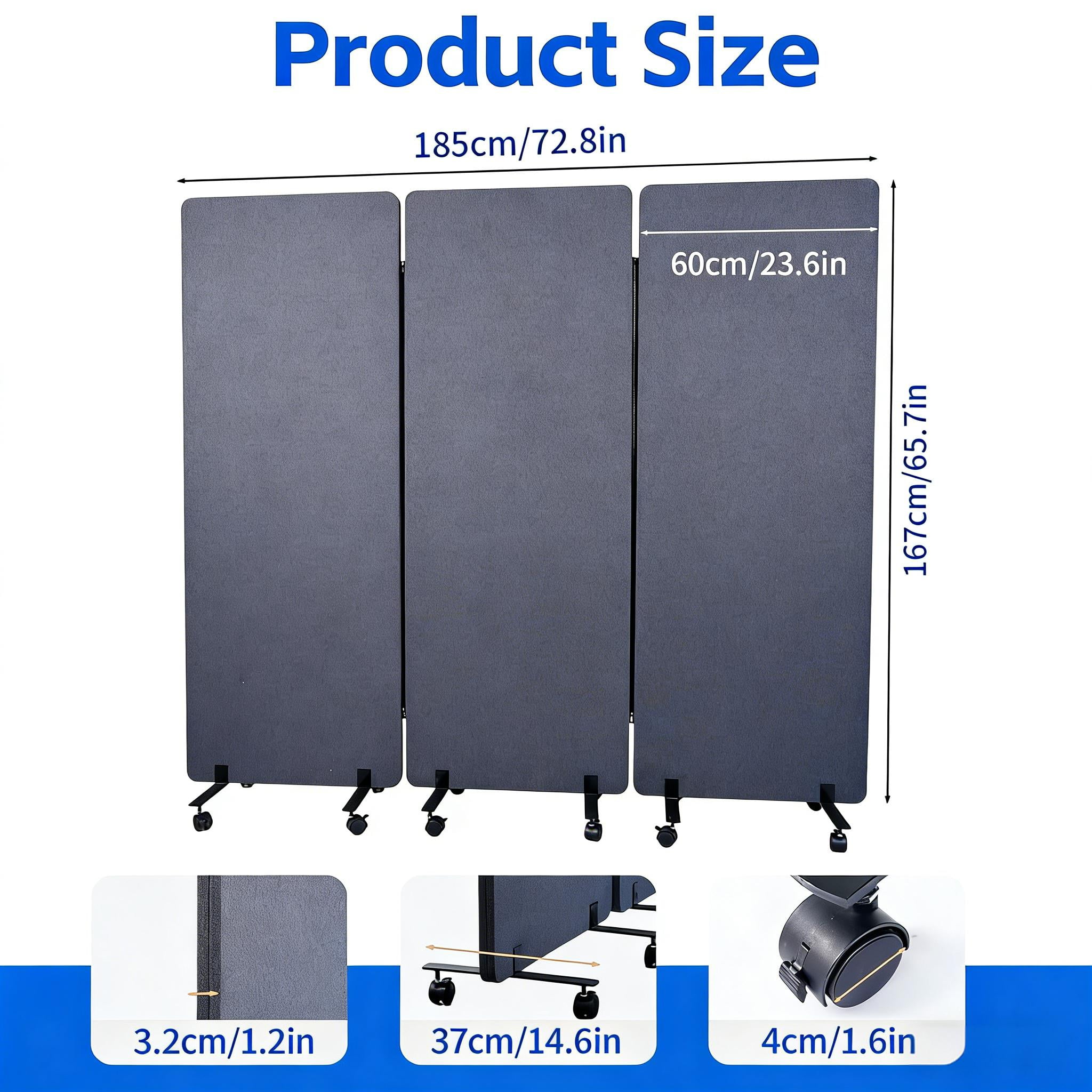 Soundproof Rolling Divider Panel - Mobile Freestanding Office Partition with Sound Absorption Padding - Easy Assembly Room Separator Screen for Homes