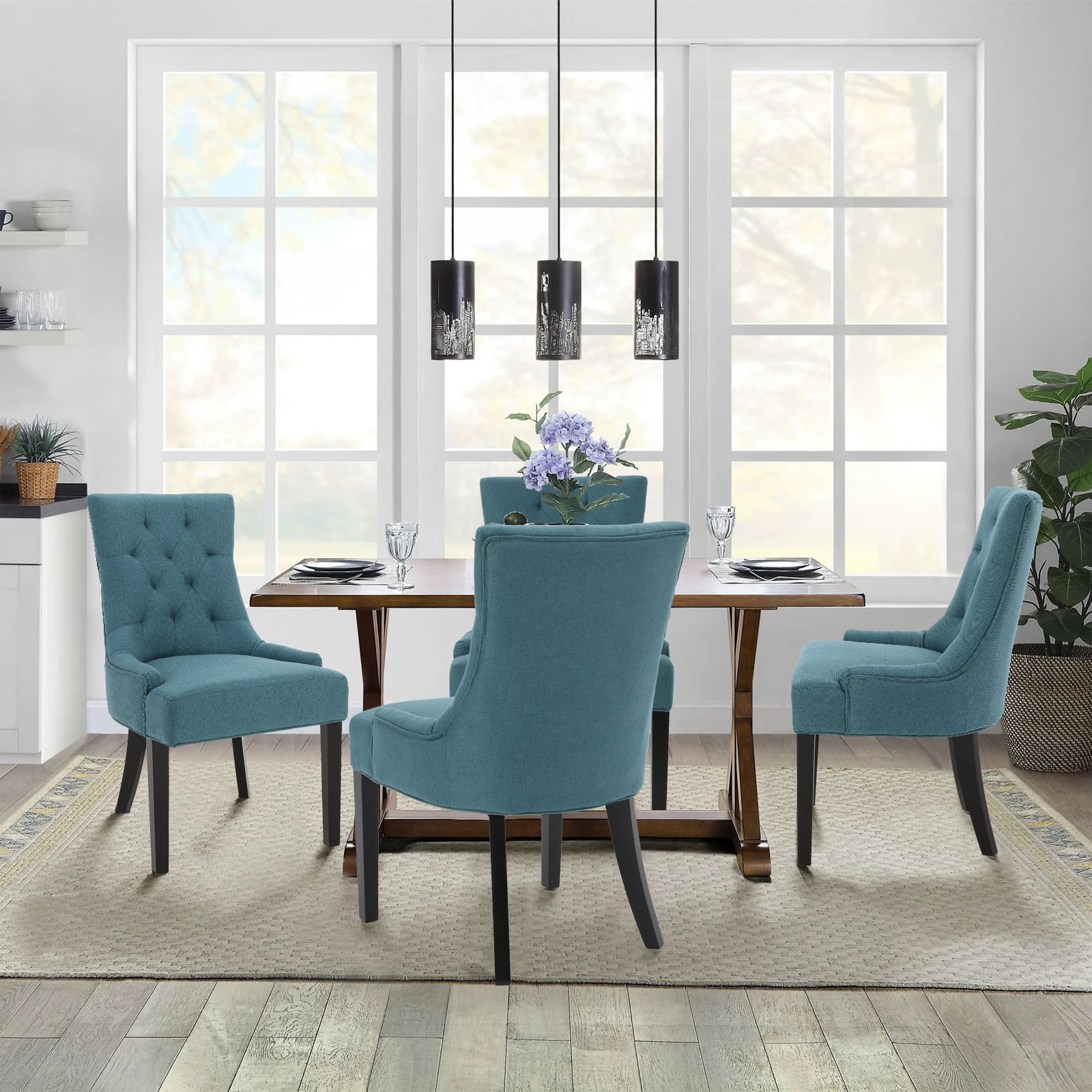 Kadyn Modern Upholstered Set of 2 Fabric Dining Chairs with Wood Legs, High Back Dining Room Chairs for Dining Room, Urban Style Kitchen Chair, Dark Teal