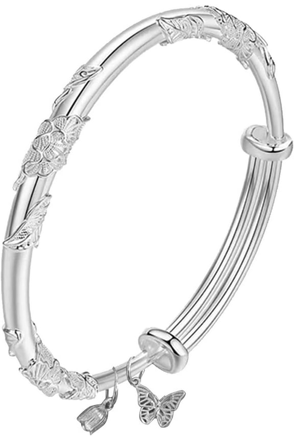 Fashion Adjustable 925 Sterling Silver Bracelets for Women 2025 Simple Bangle Jewelry Bangles With Floral Butterfly Bell Decoration for Valentine Mothers Day Gift