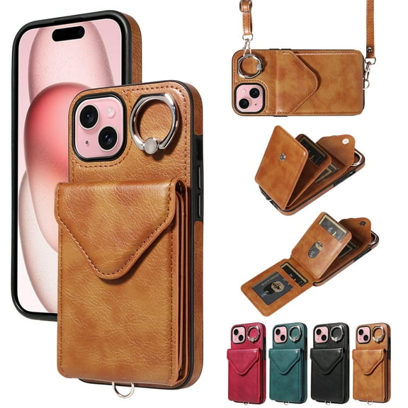 Dteck for iPhone 13 Wallet Case with Card Holder, Durable PU Leather Protective Magnetic Closure Flip Cover with Crossbody Adjustable Strap 360° Kickstand for Women Men,Brown