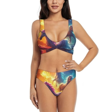 Zeuib Dreamy Night Sky White Horse High Waisted Tummy Control Bikini Set - Knot Front Push Up Top & Cheeky Thong Bottom  Two-Piece Swimsuit for Women-X-Large
