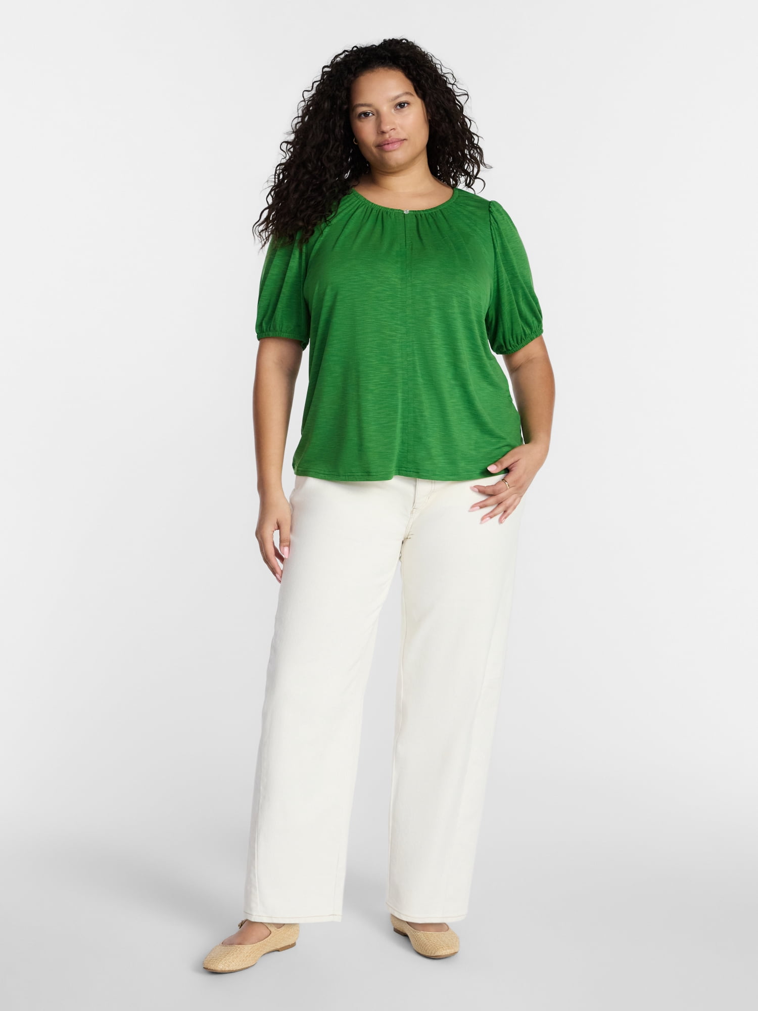 Terra & Sky Women's Plus Notch Neck Femme Puff Sleeve Top, Sizes 0X-5X