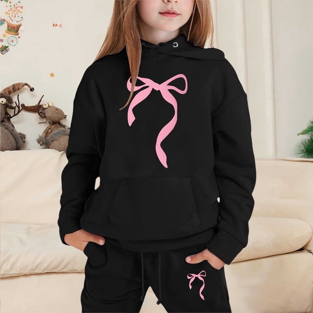 Girls Casual Hoodie Set Adorable Bow Design Two Piece Outfit Comfortable Kids Wear