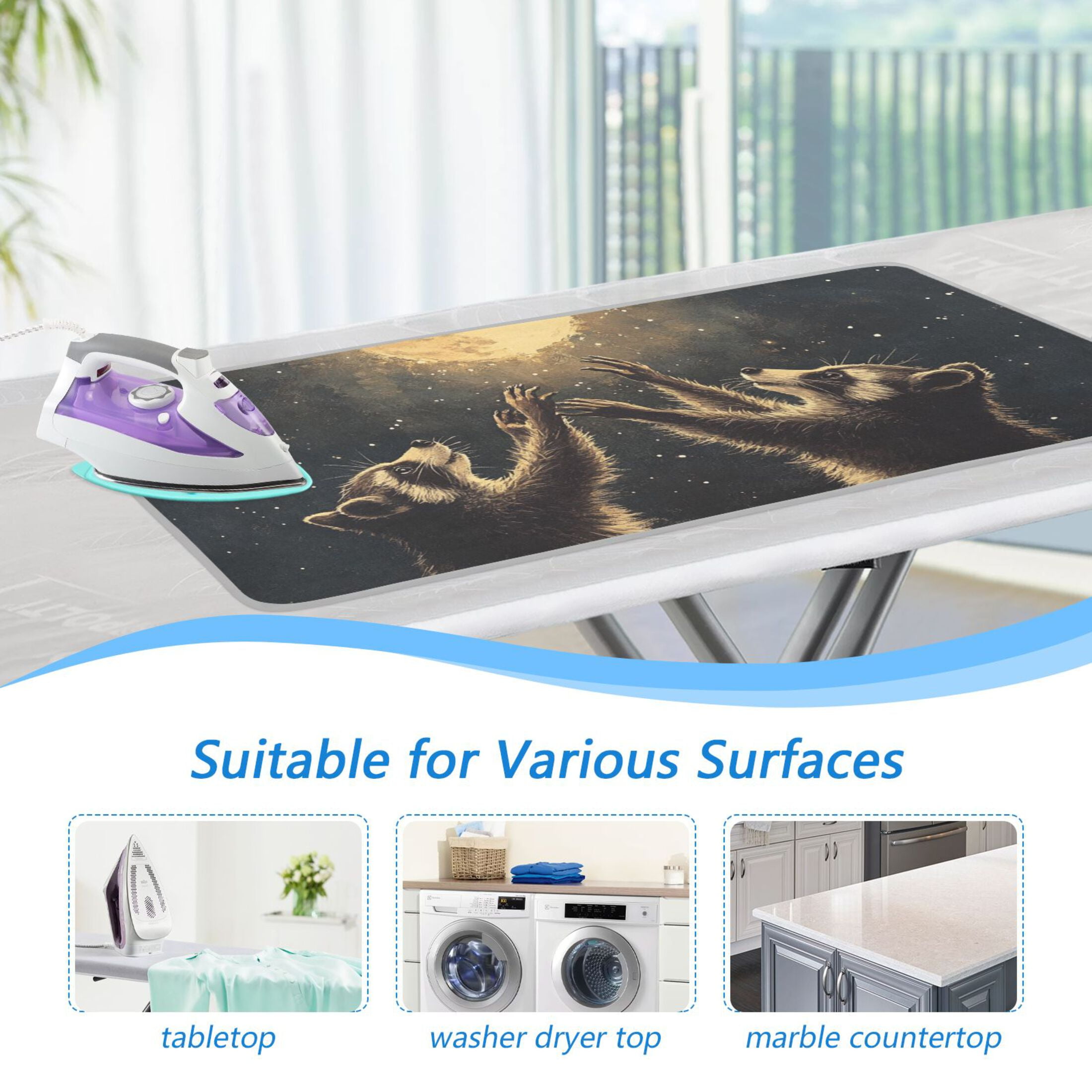 Raccoons and Moon Ironing Board Covers Heat Resistant Ironing Pad Mat Portable for Travel Washer Dryer Table