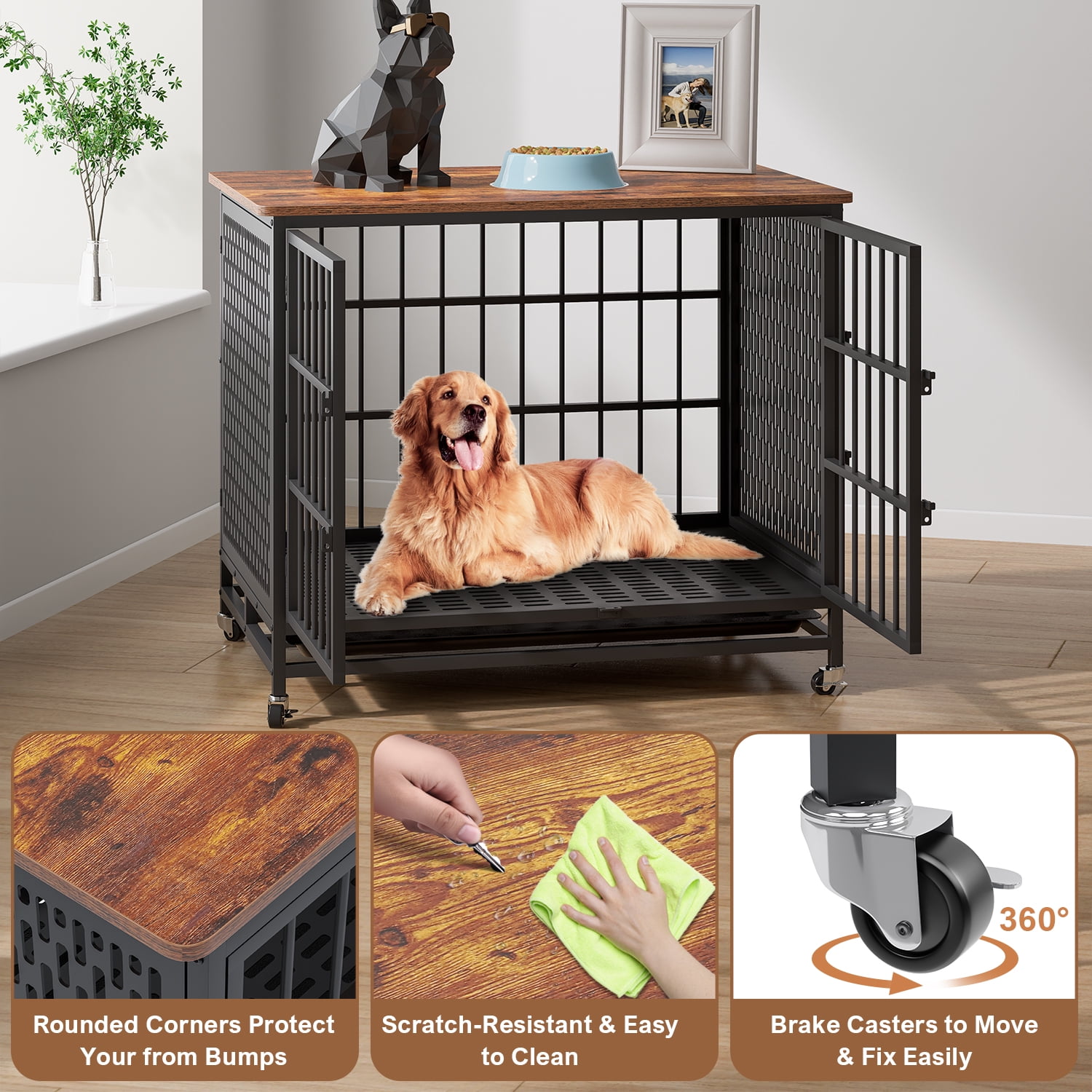 Winkalon 42 Inch Large Dog Crate Rustic Style Furniture Dog Cage Crate with 3 Doors and 4 Wheels Heavy-Duty Kennel,Brown