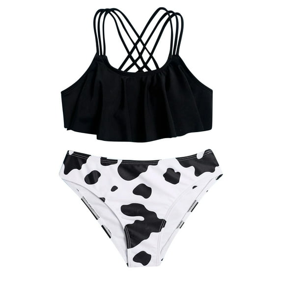 Hienoo Big Girls Bikini Swimsuit Criss-Cross Cow Print Beach Bathing Suit Swimwear