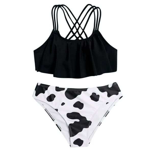 Fesfesfes Girls' Summer Swimsuits Cute Cow Floral Print Bikini Set ...