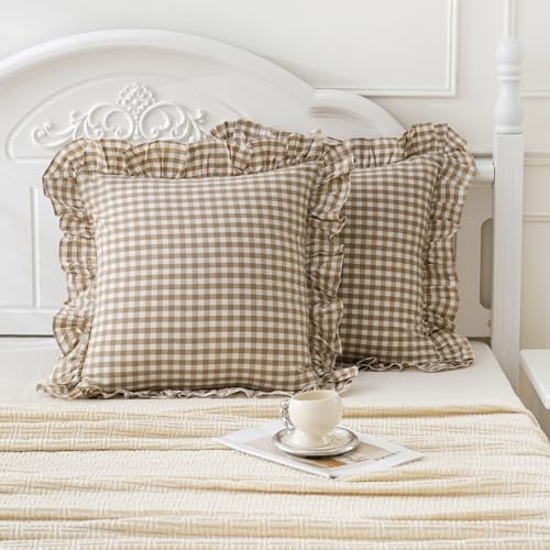 Taupe/White Plaid Euro Pillow Shams Ruffle Pillowcases Set of 2,Shabby Checkered Washed Cotton Pillow Covers-26 x26,Taupe/White Plaid