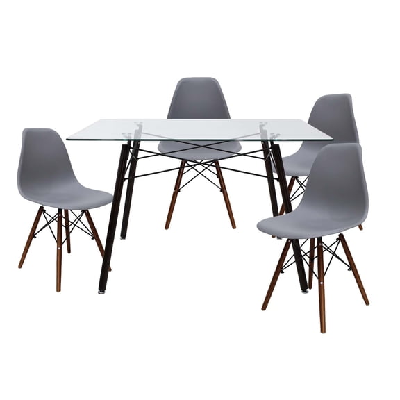 Set de Comedor Cristal Oslo Nogal y 4 Sillas Eames Gris base Nogal Mundo In Minimalista