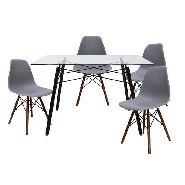 Set de Comedor Cristal Oslo Nogal y 4 Sillas Eames Gris base Nogal Mundo In Minimalista