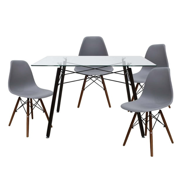 Set de Comedor Cristal Oslo Nogal y 4 Sillas Eames Gris base Nogal Mundo In Minimalista