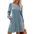 thumbnail image 7 of Efsteb Fall Fashion 2025 Womens Long Sleeve Dresses Casual Square Neck Sweater Dress Lantern Sleeve Pocket Knitted Striped Dress (Light Blue,XL), 7 of 7