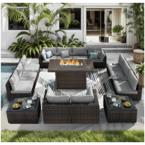 TANGJEAMER 15 Piece Patio Furniture Set with Fire Pit Table, All Weather Outdoor Sectional PE Rattan, Patio Conversation Sets with Cushions and Glass Coffee Table for Garden Lawn Balcony, Grey
