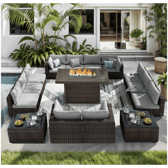 TANGJEAMER 15 Piece Patio Furniture Set with Fire Pit Table, All Weather Outdoor Sectional PE Rattan, Patio Conversation Sets with Cushions and Glass Coffee Table for Garden Lawn Balcony, Grey