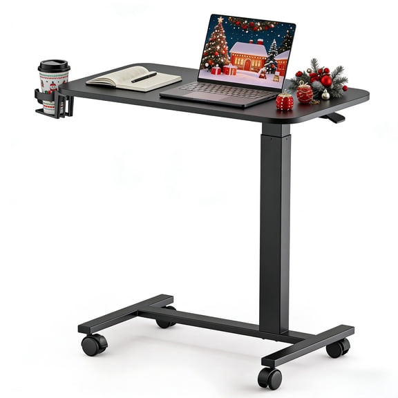 EXRACING Pneumatic Standing Overbed Desk with Lockable Wheels, Height Adjustable Rolling Laptop Table for Home & Hospital, Black