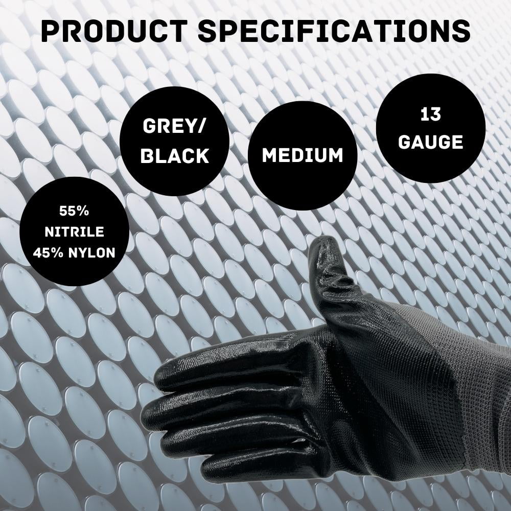 MMBM Nitrile Coated Gloves Medium Grey/Black With Red, Green, Blue & Black Cuff 13 Ga High-Quality Knitted Industrial Work Gloves 12 Pairs