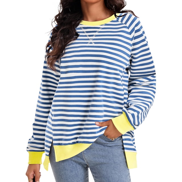 Sudadera de Rayas para Mujer ATHLECHIC Ajuste Holgado de Manga Larga Cuello Redondo Top M Azul Blanco