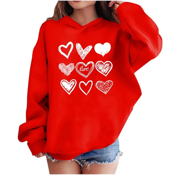 Sudadera con capucha y estampado de corazón de San Valentín, sudadera de manga larga para niños y niñas, chaqueta para niñas de talla mediana y grande.