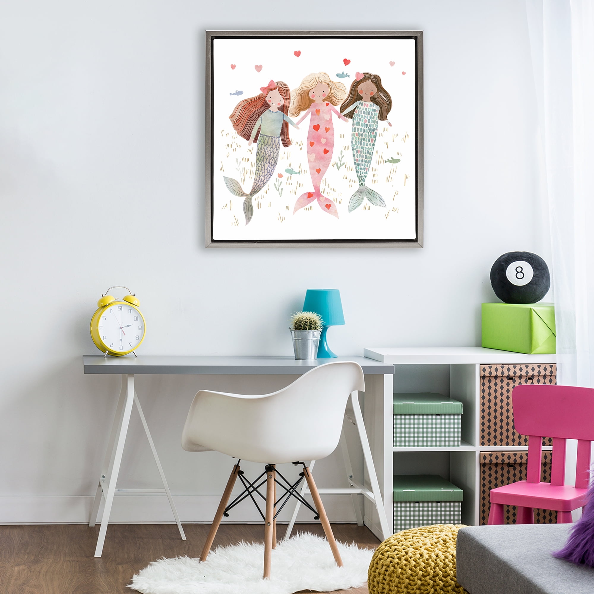 Trio of Mermaids Friendship Gray Framed Floater Canvas Wall Art, design by Leah Straatsma