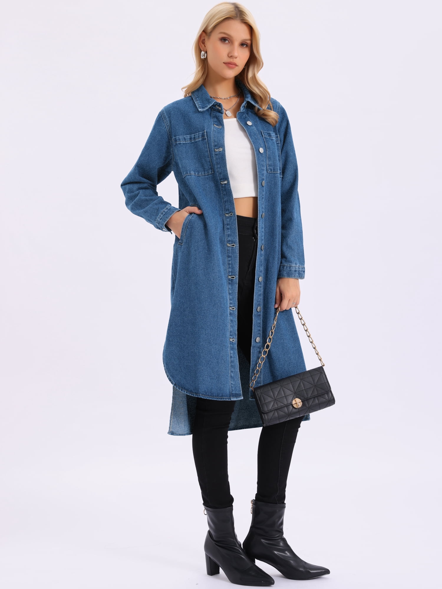 DARING DIVA Womens Fall Curved Hem Button Down Midi Denim Dress L Blue