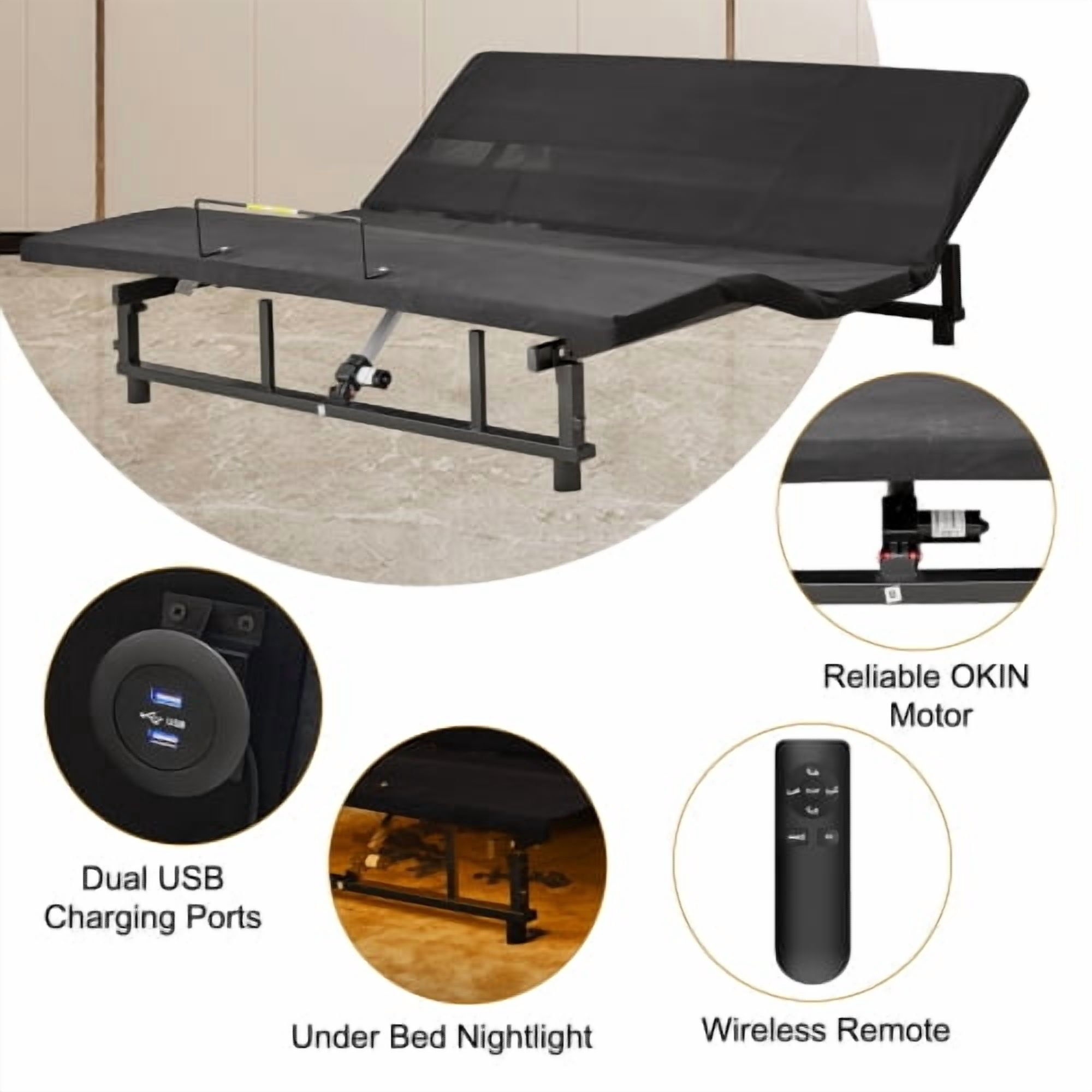 Euroco Adjustable Bed Base Frame, Queen Bed with Head and Foot Incline, Bed Frame with Wireless Remote Control and USB Ports, LED Light, Zero Gravity Quiet Motor, Black