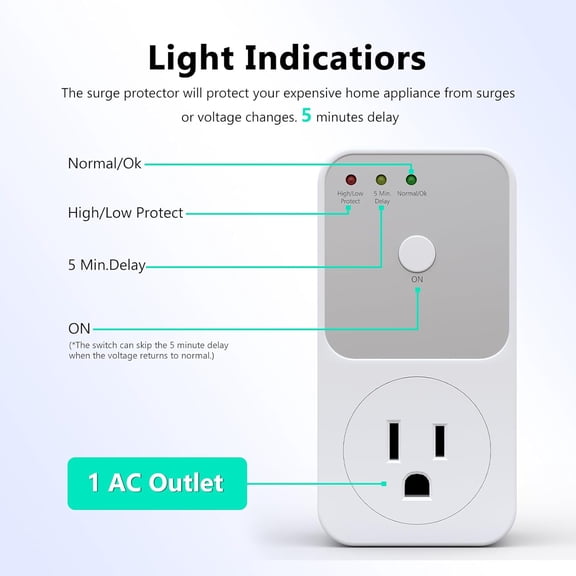 JUNCHI-Surge Protector - 1800W Single Outlet for Refrigerator, TV, PC, Home Appliance - Wall Outlet With Ground & Protected Light Indicators, 120V, 15A, 1 Pack