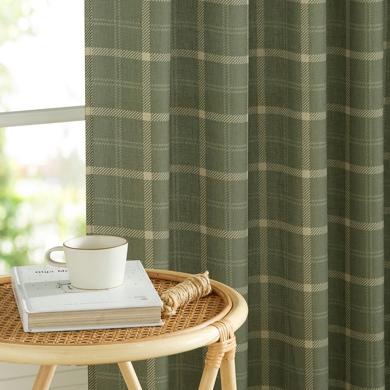 NICETOWN Green Linen Plaid Curtains for Living Room, Check Tartan Light Filtering Privacy Semi Sheer Linen Curtains Rod Pocket Back Tab Farmhouse Country Style Drapes, 52"x96", 1 Pair