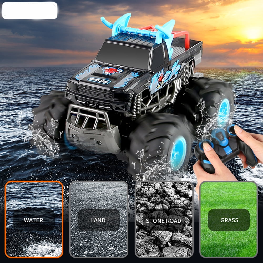 4WD Amphibious Remote Control Car - 2.4G High Speed Off-Road Stunt Vehicle, Waterproof Double-Sided Driving RC Car Toys Gift,,Blue，2 Battery