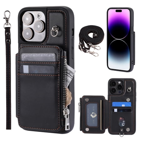 Compatible with iPhone 15 Pro PU Leather Clasp Flip Zipper Purse Case, with Shoulder Strap Lanyard for Women Credit Card Holder Cell Accessories Phone Cover for iPhone 15 Pro, Black