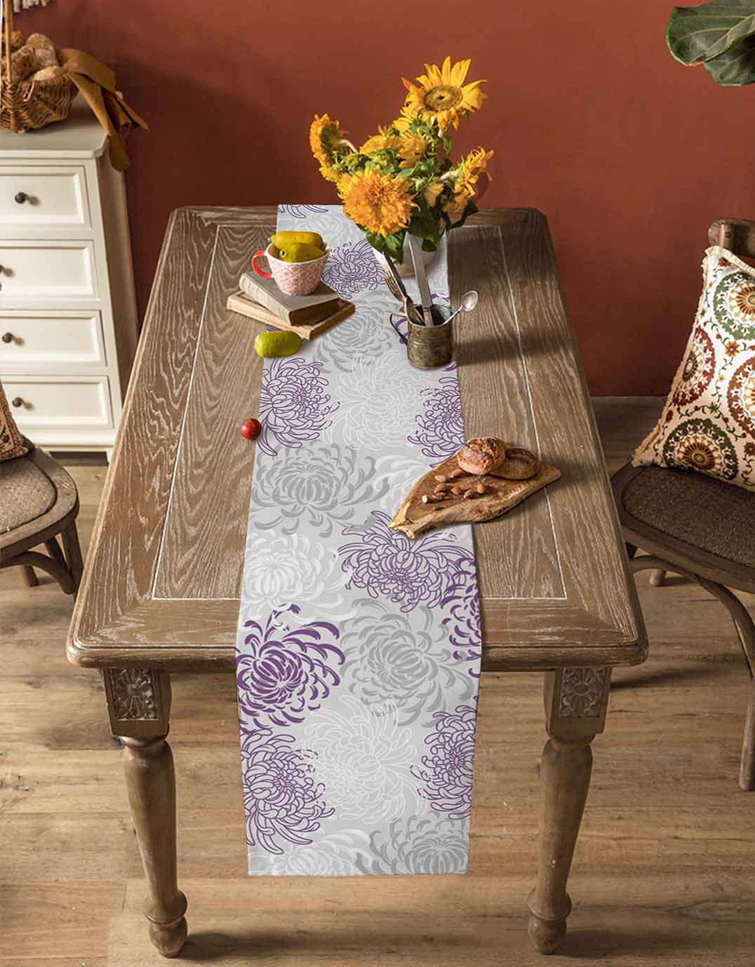 Table Runners 60 Inches Long Dress Scarves, Purple White Farmhouse Kitchen/Dining Table Runner, Small Coffee Tablerunners, Abstract Grey Chrysanthemum Flower Floral 13x60 Inch