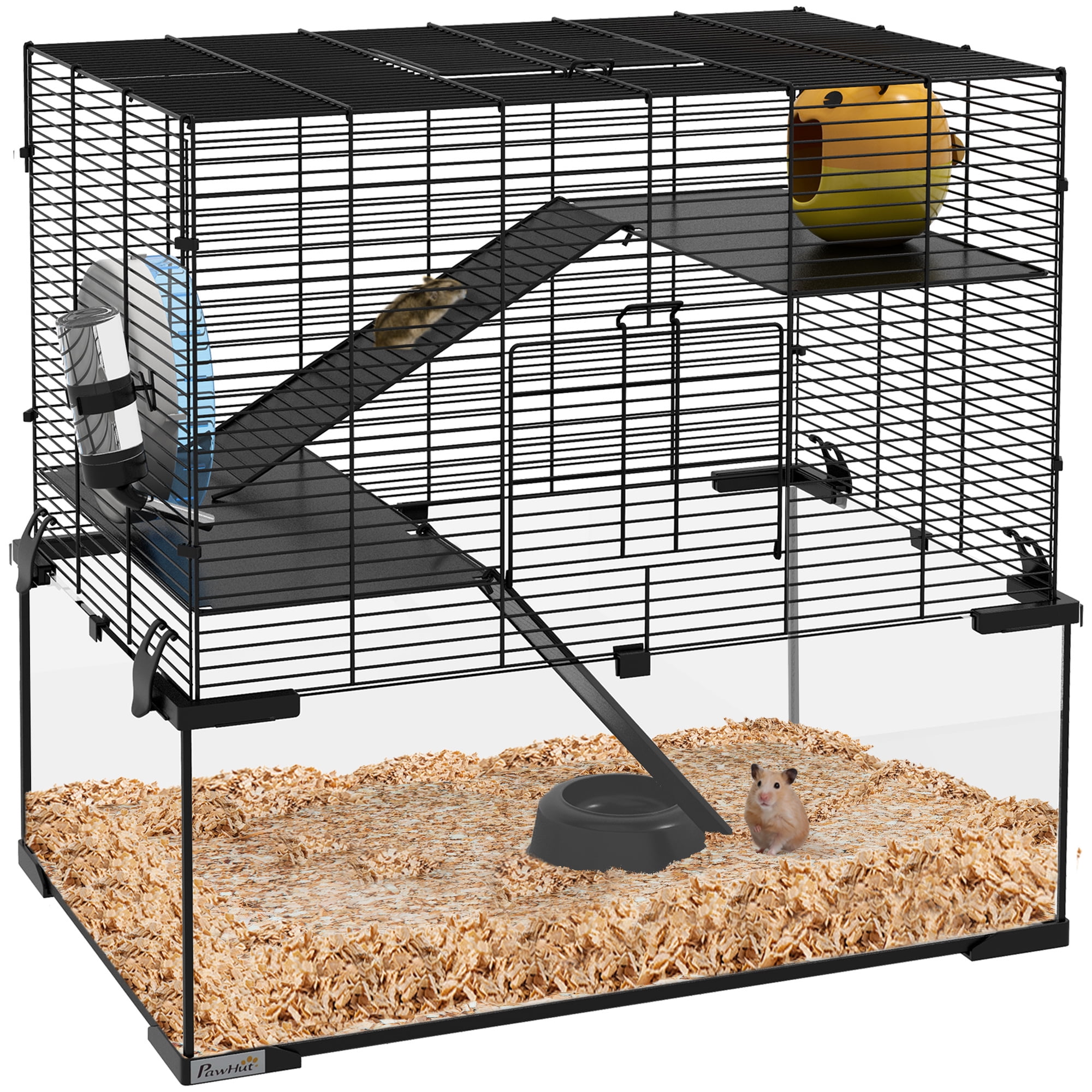 PawHut Small Hamster Cage with Glass Base, Exercise Wheel, Ramps, Platforms, and Hut, 23.5 Inches, Black Gerbil Habitat