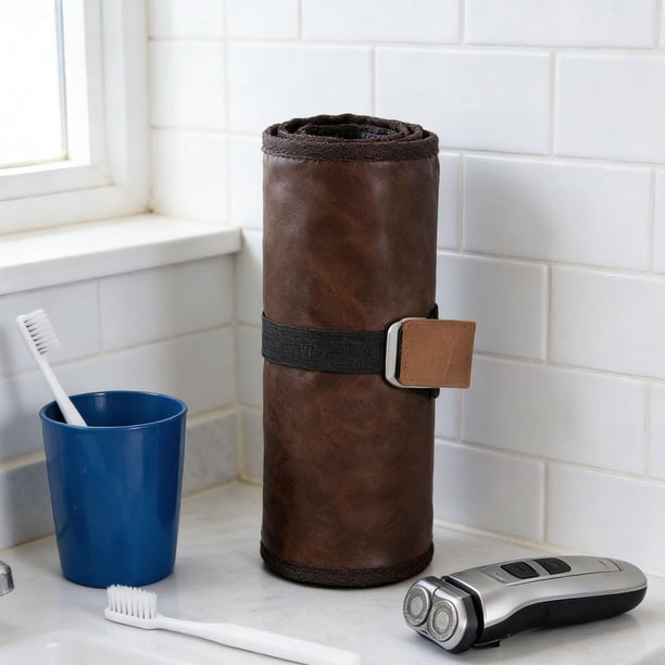 Neceser de piel sintética para hombre, resistente al agua, organizador de rollos de baño, neceser de maquillaje, organizador para ducha y kit de Marrón
