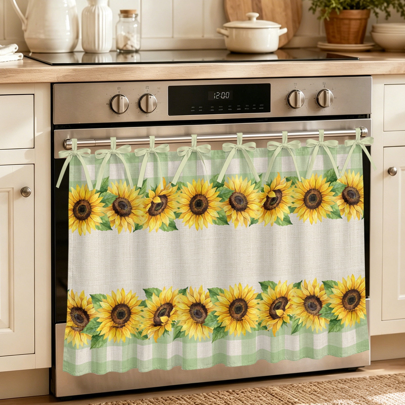 Sunflowers Oven Skirt for Farmhouse Kitchen D&eacute;cor Farmhouse Green White Plaid Vintage Rustic Plants Oven Curtain Tie Top Decorative Stove Skirt Cabinet Dish Washer Curtains 8 Ribbon Ties 27 x20
