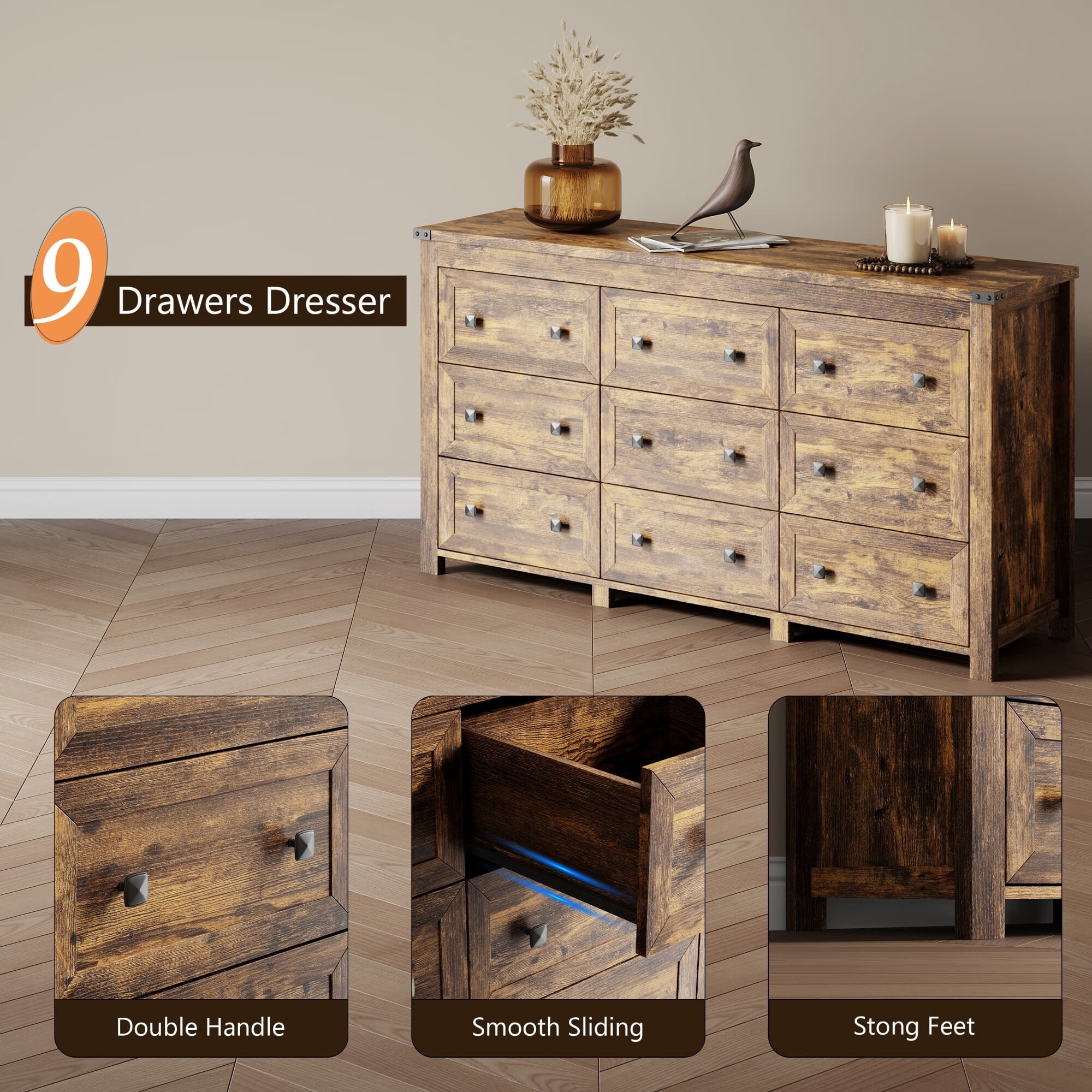 FANRAL Dresser for Bedroom with 9 Drawers,Wood Metal Handle Closet Storage Cabinet,Wide TV Stand Chests of Drawers,Brown Dresser