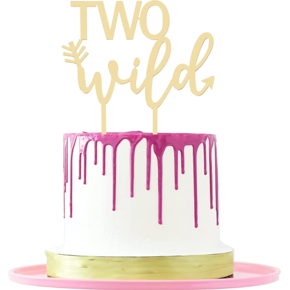 Two Wild Cake Topper Gold Acrylic for Boy Girl 2nd Birthday Cake Decorations, Gift Boxed