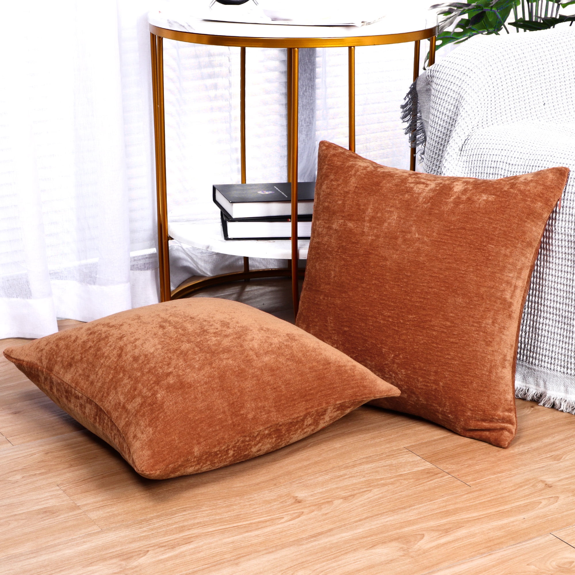 REGALWOVEN Set of 2 Chenille Throw Pillow Covers, Soft Decorative Cushion Covers Burnt Orange 20x20 Inch