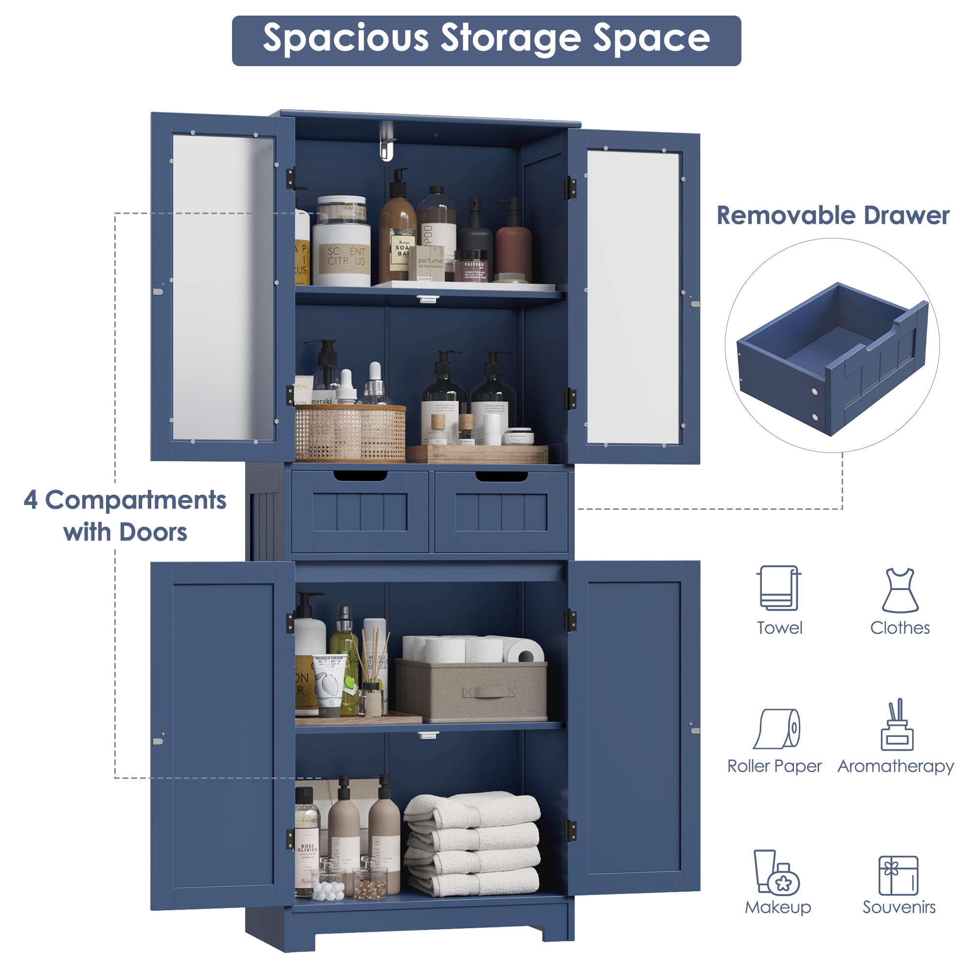 Homfa 4 Doors Bathroom Cabinet, 3-Tier Wood Tall Linen Storage Cabinet with 2 Drawers for Living Room, Blue