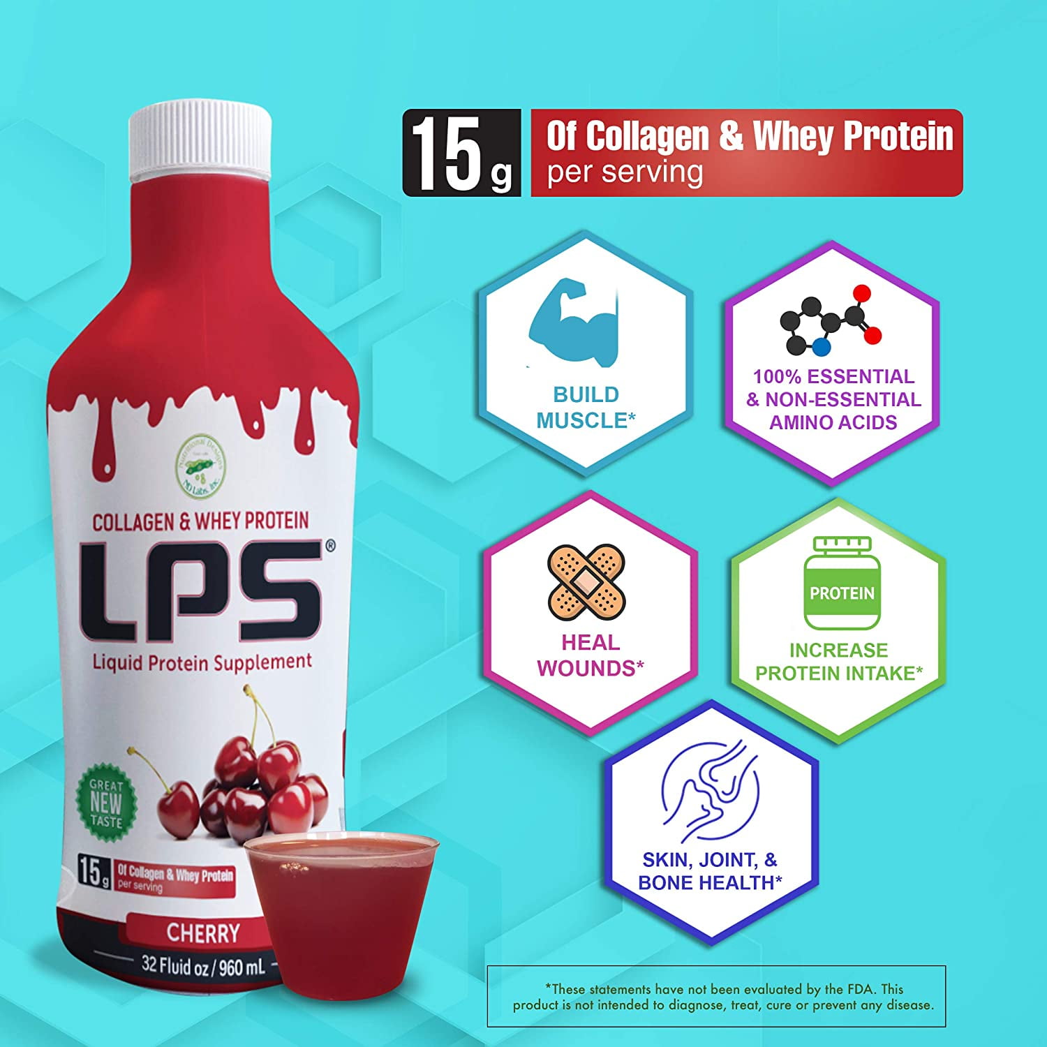 LPS Collagen Whey Protein Liquid Supplement Sugarless Cherry Flavor by Nutritional Designs , 32oz