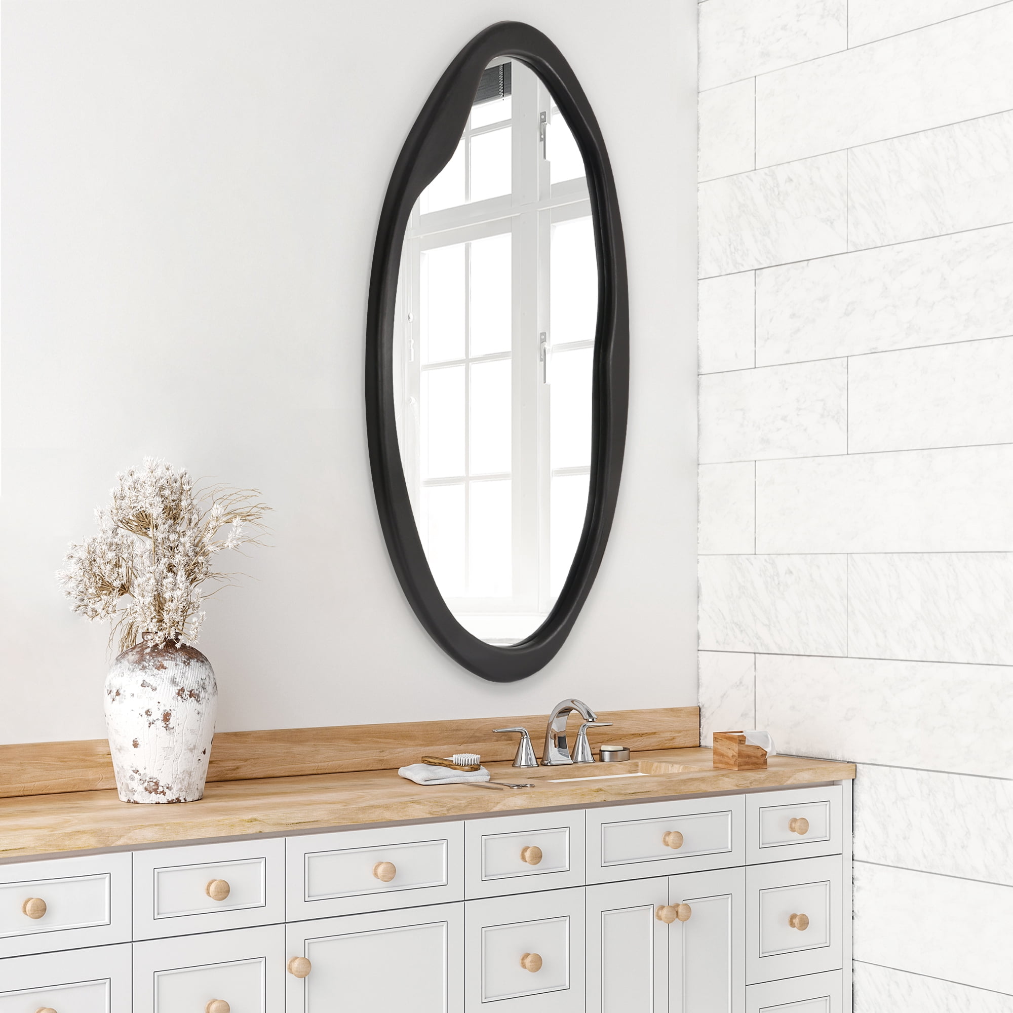 Americanflat 20x40 Organic Shaped Wood Mirror in Black Sycamore - Oval Wall Mirror for Bathroom, Living Room, Entryway Hall, and Decorative Mirror for Bedroom
