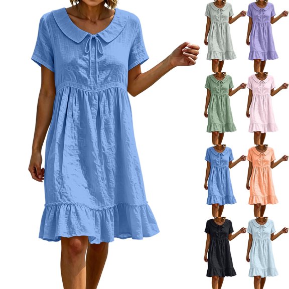 2026 Summer Dress for Women Cotton Linen Peter Pan Collar Tie Neck Short Sleeves Ruffled Hem Knee-Length Dress