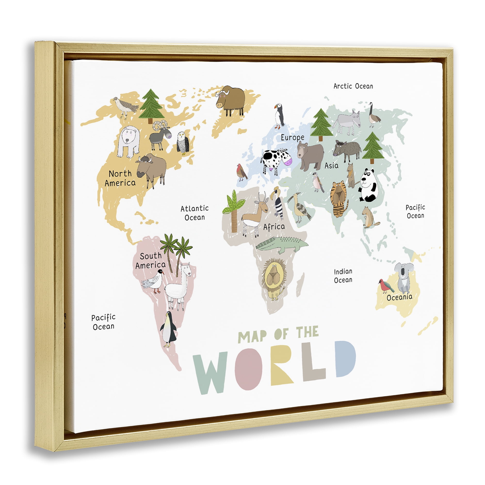 Map Of World Pastel Animals Gold Framed Floater Canvas Wall Art, design by Carla Daly