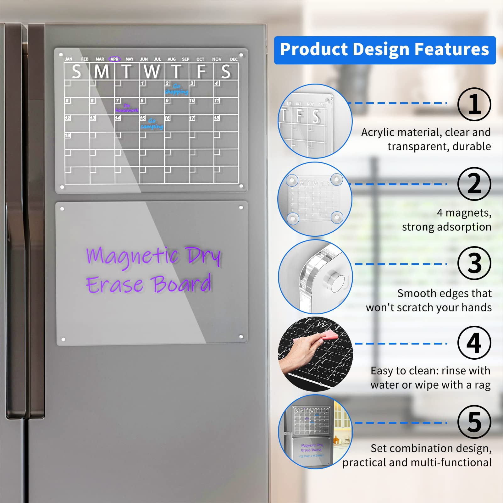 NIUBEE 2 Pack 16"X 12" Acrylic Magnetic Dry Erase Calendar Board for Fridge, Monthly Clear Calendar for Refrigerator, Acrylic WhiteBoard Memo Planning Board, Includes 6 Dry Erase Markers