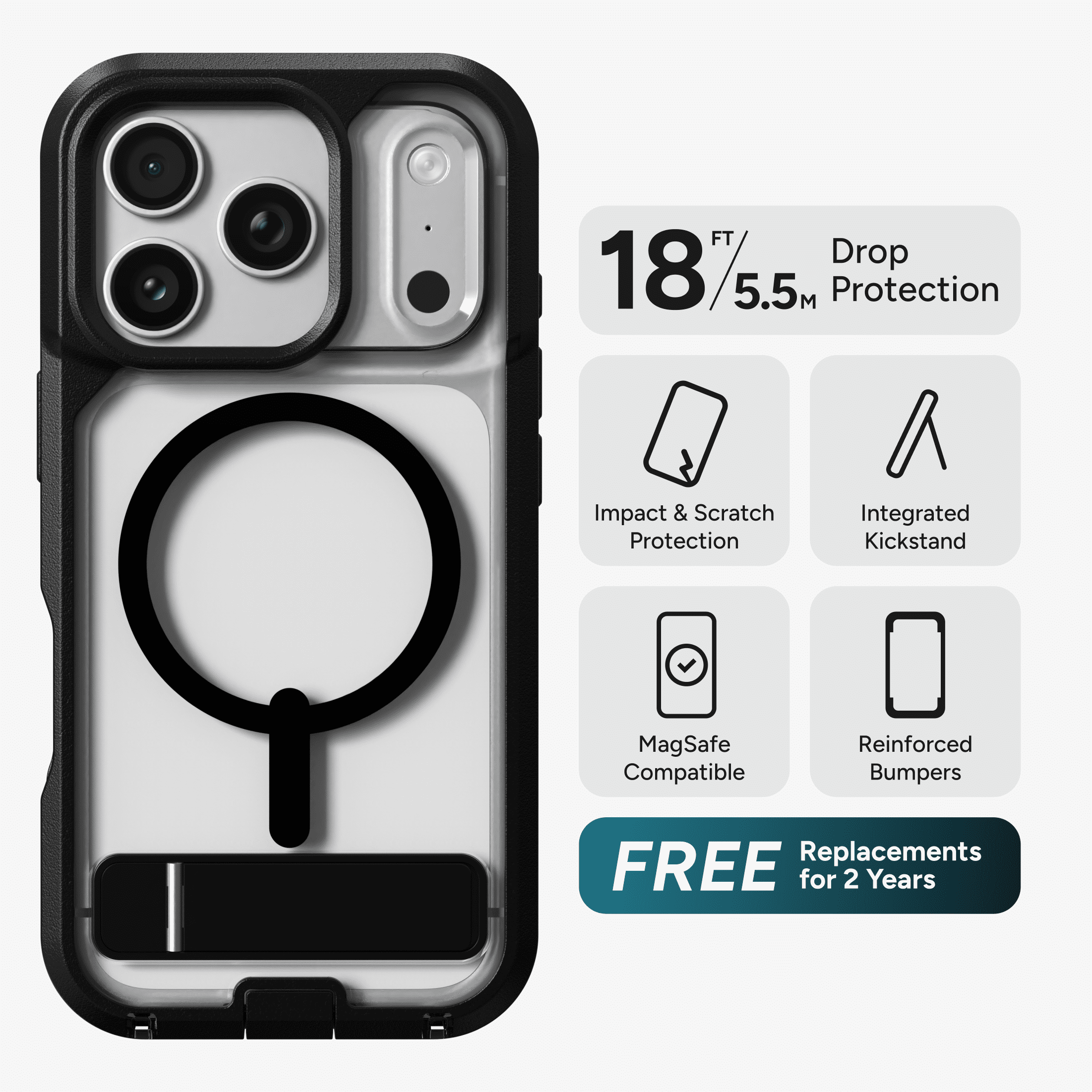 ZAGG Rugged Case - Apple iPhone 18 Pro & 17 Pro Case with MagSafe and Built-In Kickstand – Clear/Black