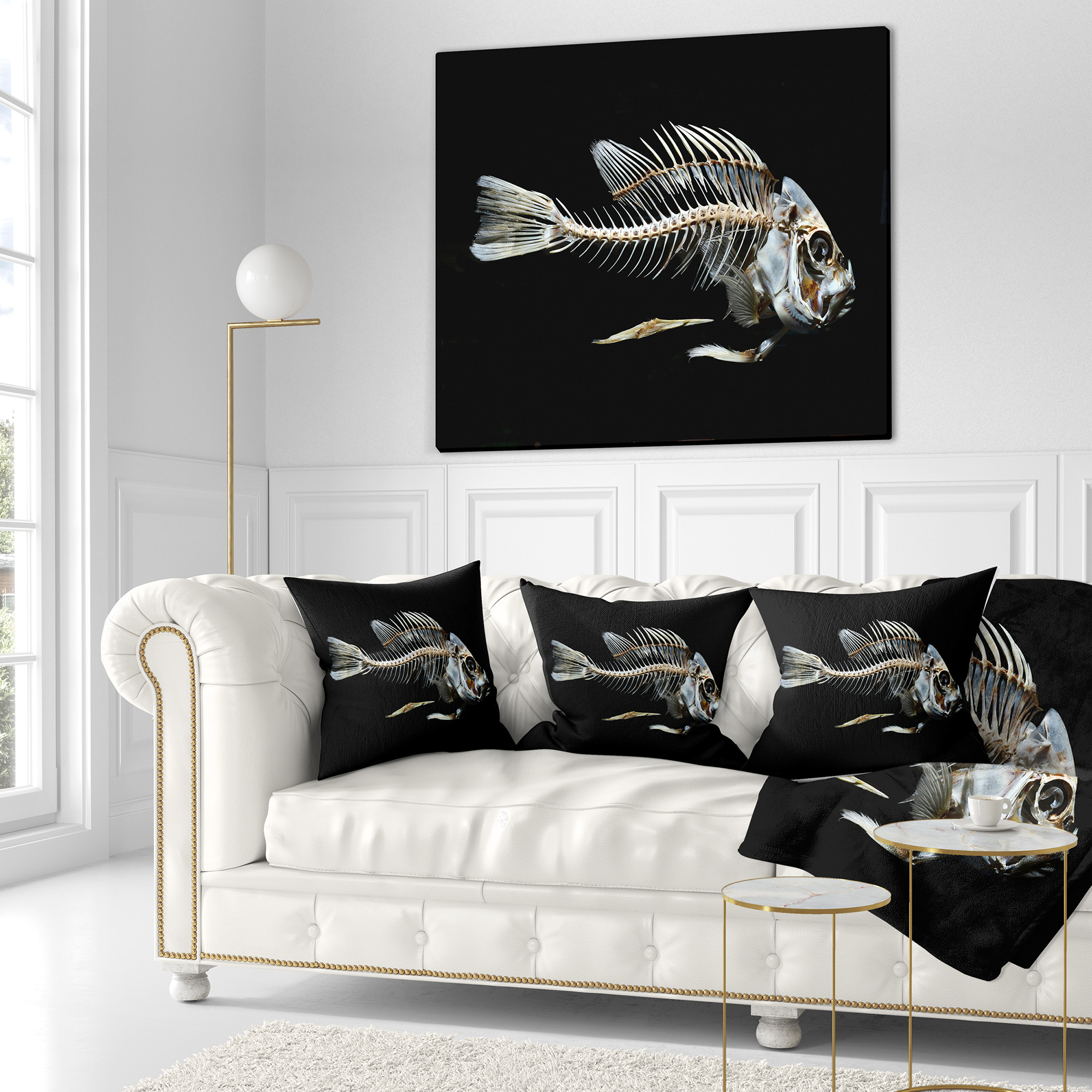 Designart Fish Skeleton Bone on Black - Animal Throw Pillow - 18x18