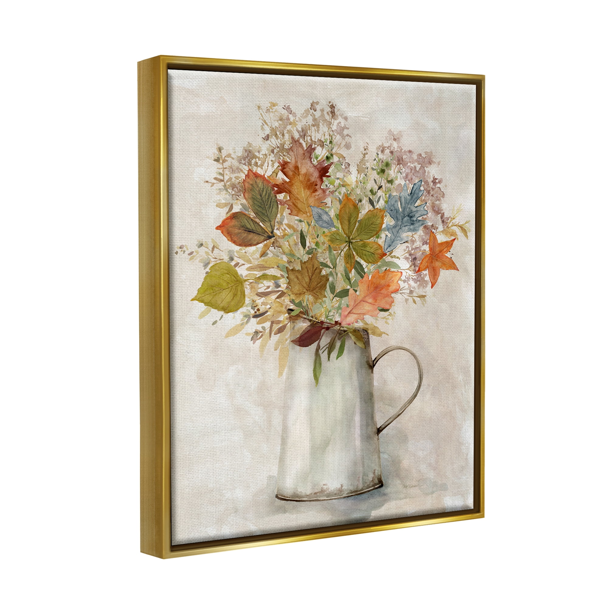 Stupell Industries Fall Florals Country Jug Botanical & Floral Painting Gold Floater Framed Canvas Art Print Wall Art, 17 x 21
